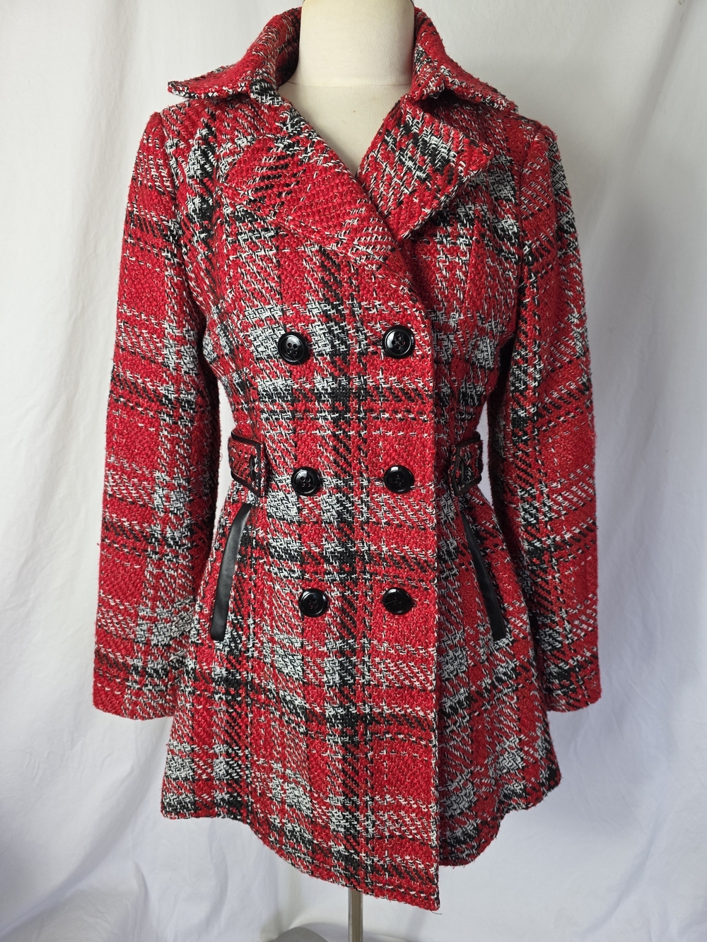 ByBy Red Plaid Textured Mid Length Trench Coat Women's Medium M Preppy